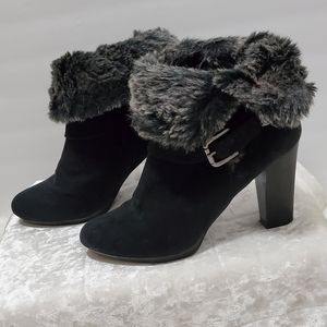 Dana Buchman Black Suede Furry Top Ankle Booties